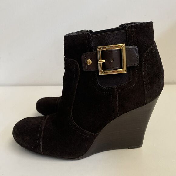 Tory Burch Adrienne Ankle Boot Bootie Brown Suede Gold Buckle Wedge Heel… - Picture 6 of 9
